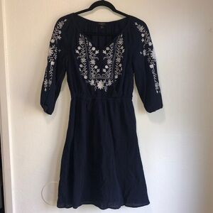 Talbots Pretty Navy White Embroidered Peasant Style 3/4 Sleeve Midi Dress